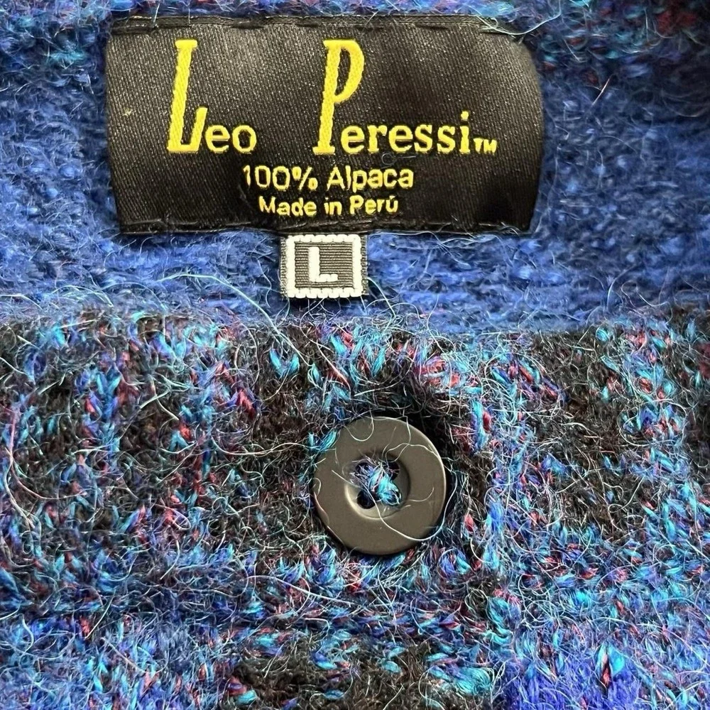 Leo Peressi Alpaca Blue Multicolored Cardigan Sweater Vintage Retro Cozy Grunge
